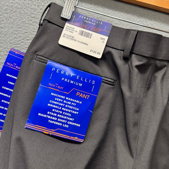 Perry Ellis Premium Pants Mens 33 UNHEMMED Black Tech + Suit Slim Fit NEW - Picture 4 of 11